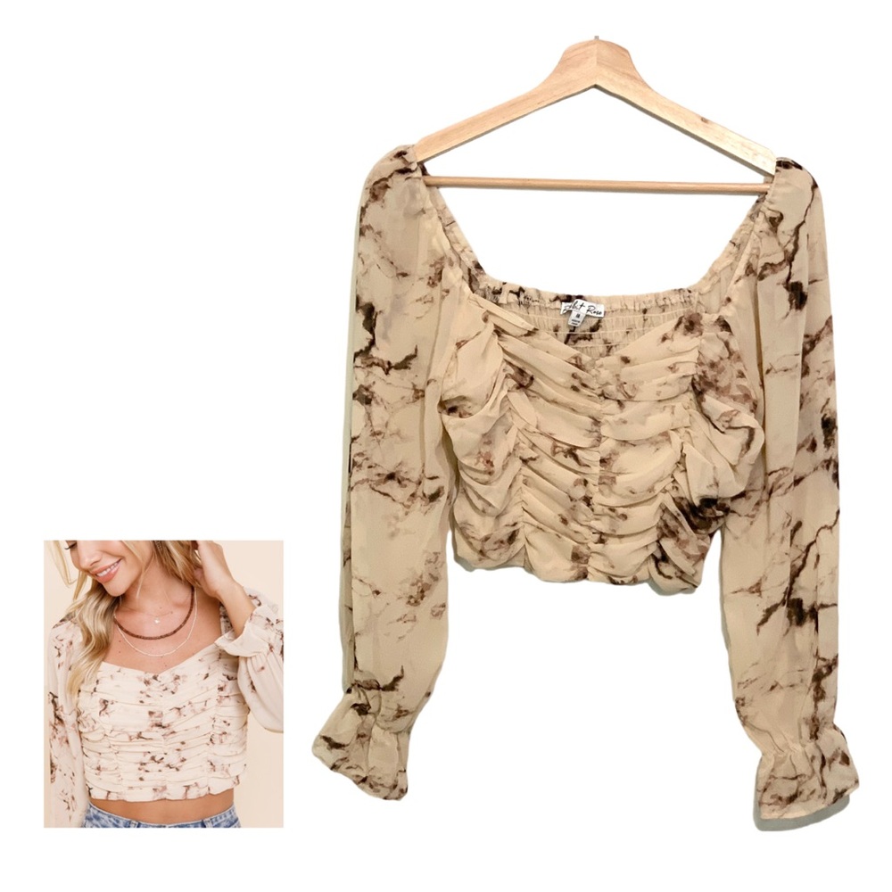 Rabbit Rose Cropped Marble Ruched Smocked Long Sleeve Blouse Size Medium